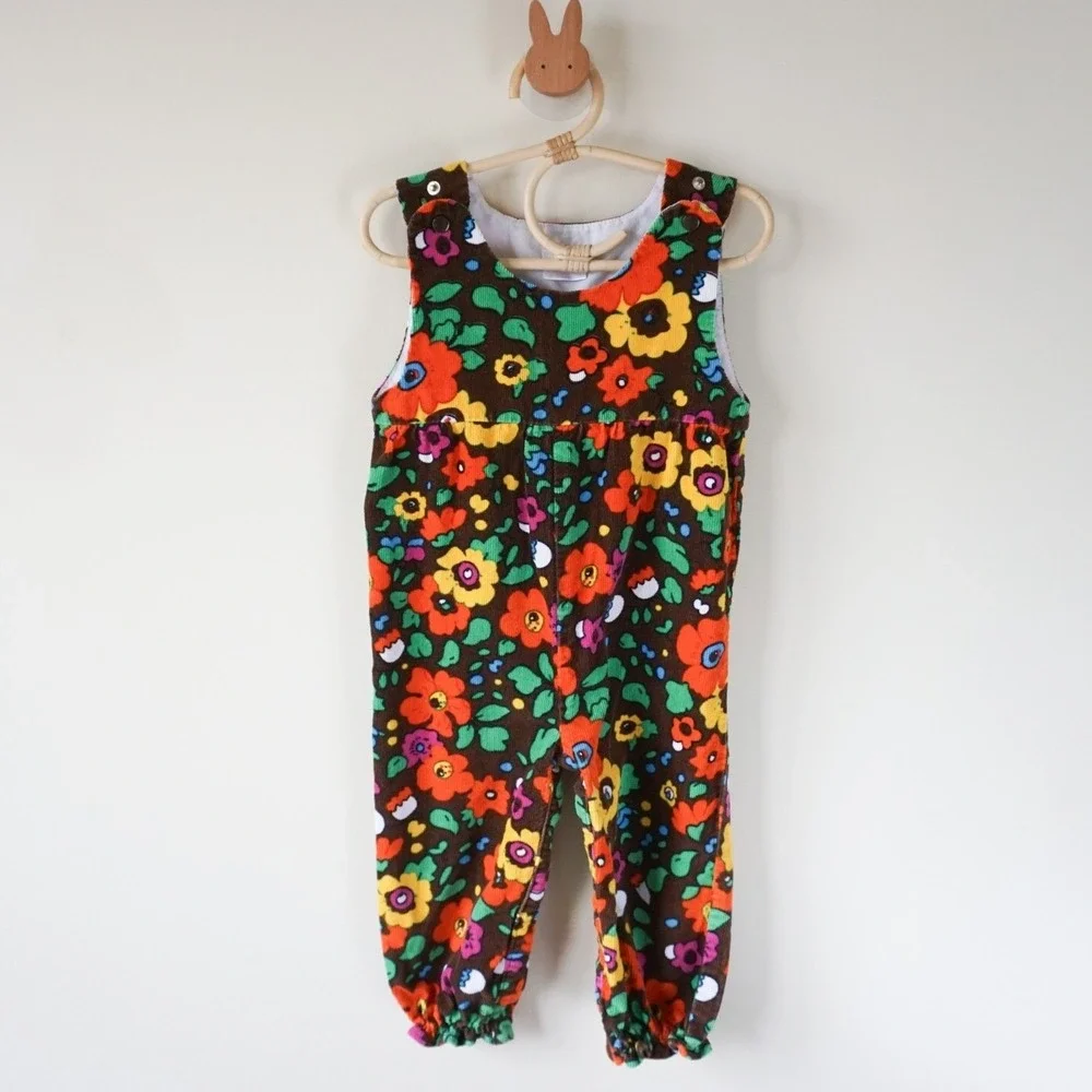 Rugged Bear Floral Corduroy Romper Baby 24 Months Brown Orange Retro